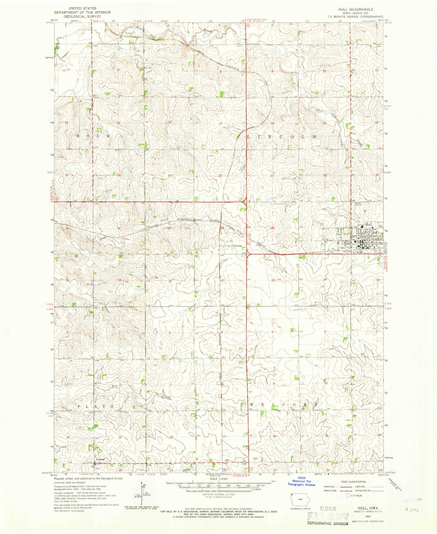 Classic USGS Hull Iowa 7.5'x7.5' Topo Map Image