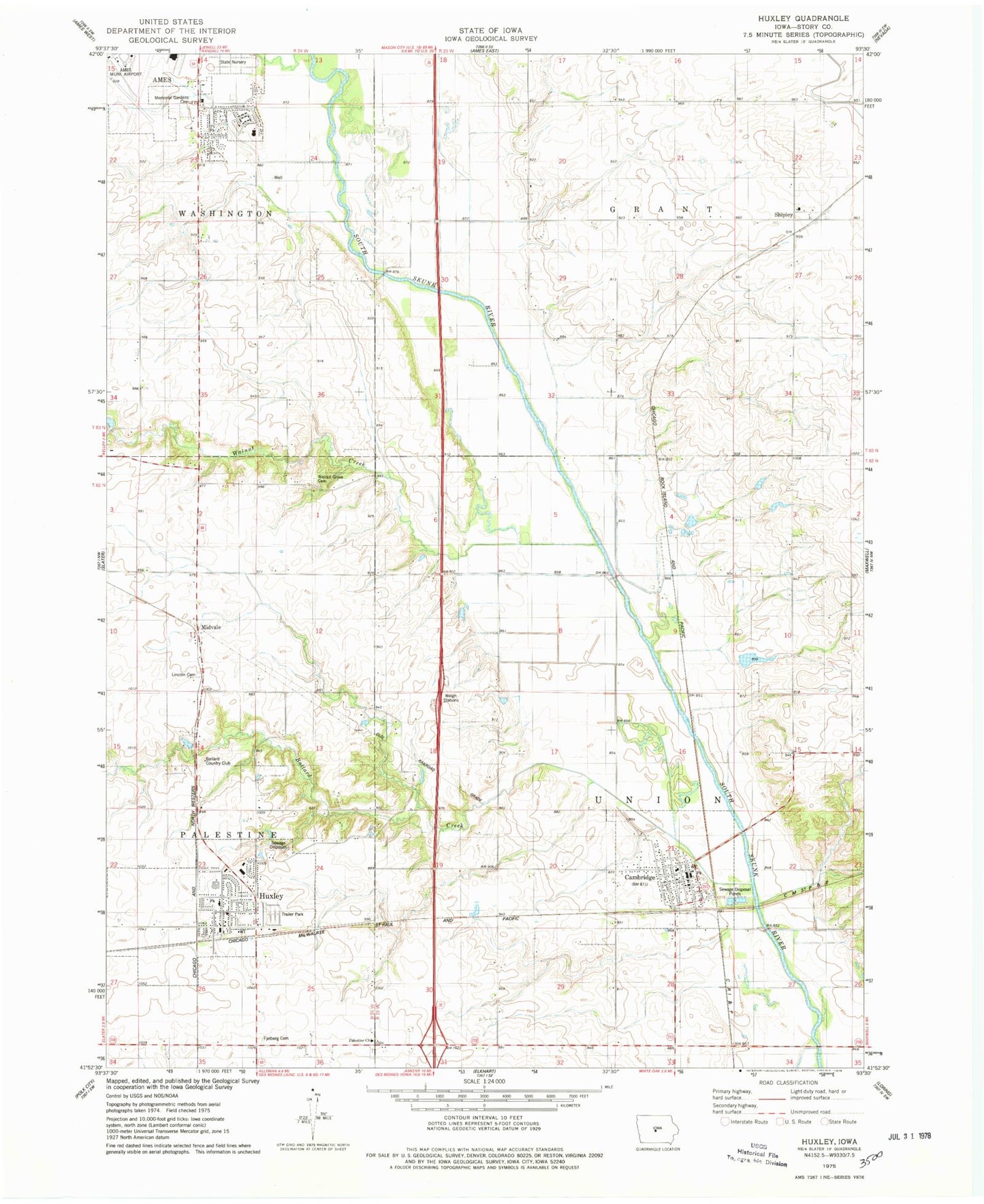 Classic USGS Huxley Iowa 7.5'x7.5' Topo Map Image