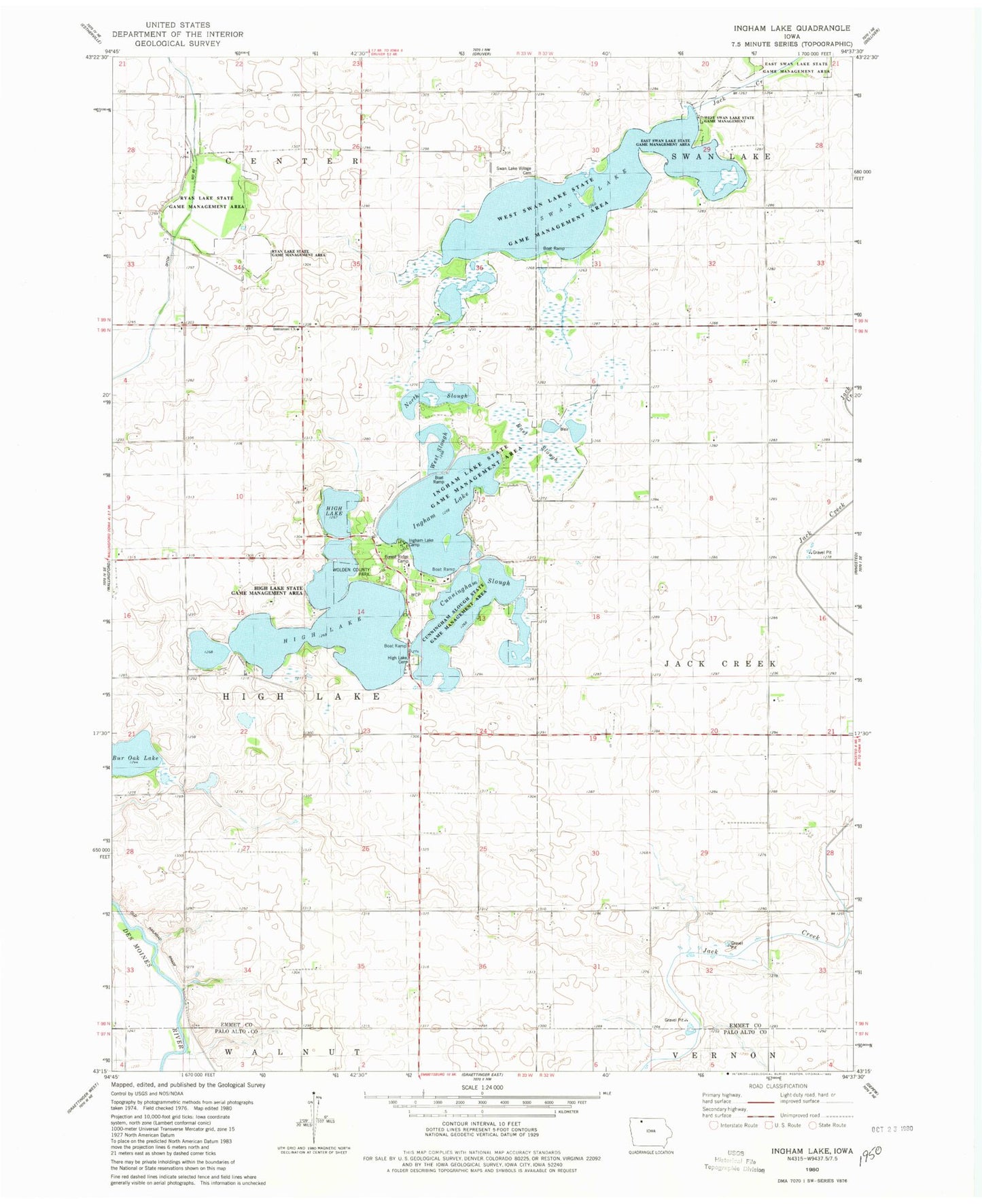 Classic USGS Ingham Lake Iowa 7.5'x7.5' Topo Map Image
