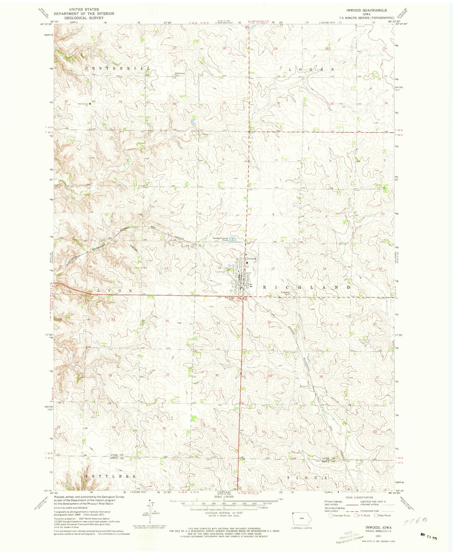 Classic USGS Inwood Iowa 7.5'x7.5' Topo Map Image