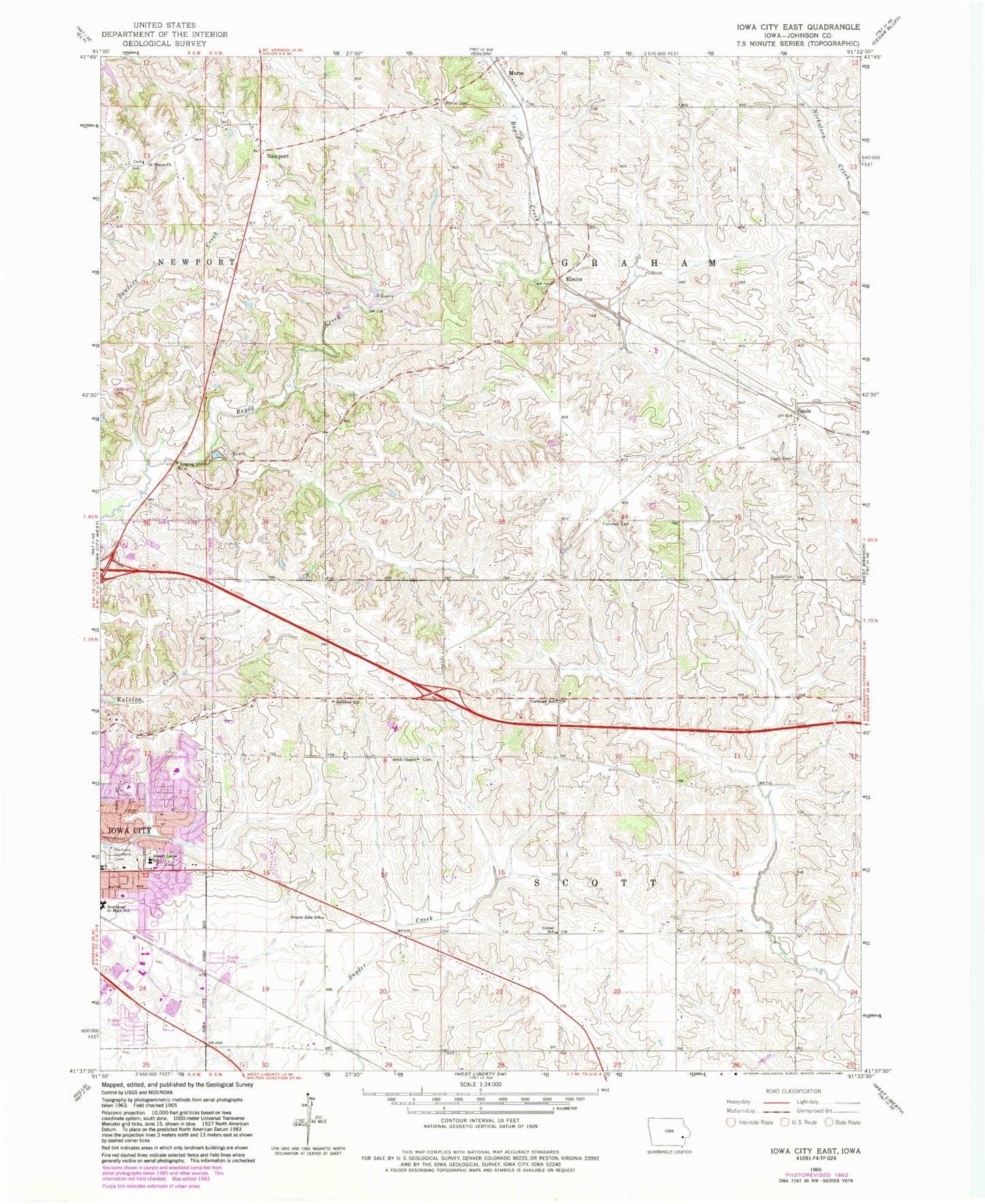 Classic USGS Iowa City East Iowa 7.5'x7.5' Topo Map Image