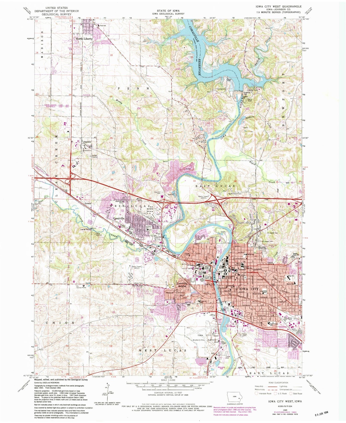 Classic USGS Iowa City West Iowa 7.5'x7.5' Topo Map Image
