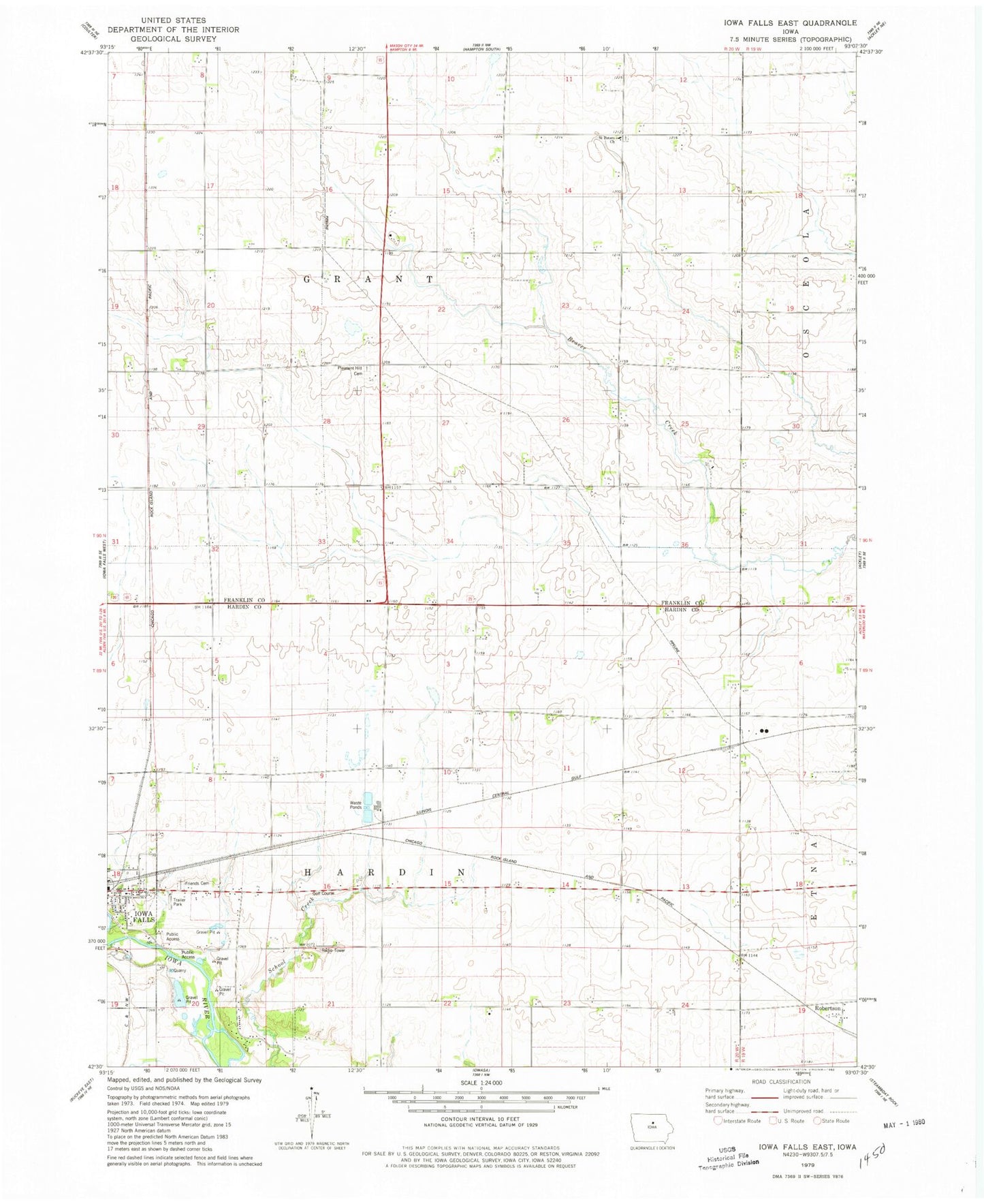 Classic USGS Iowa Falls East Iowa 7.5'x7.5' Topo Map Image