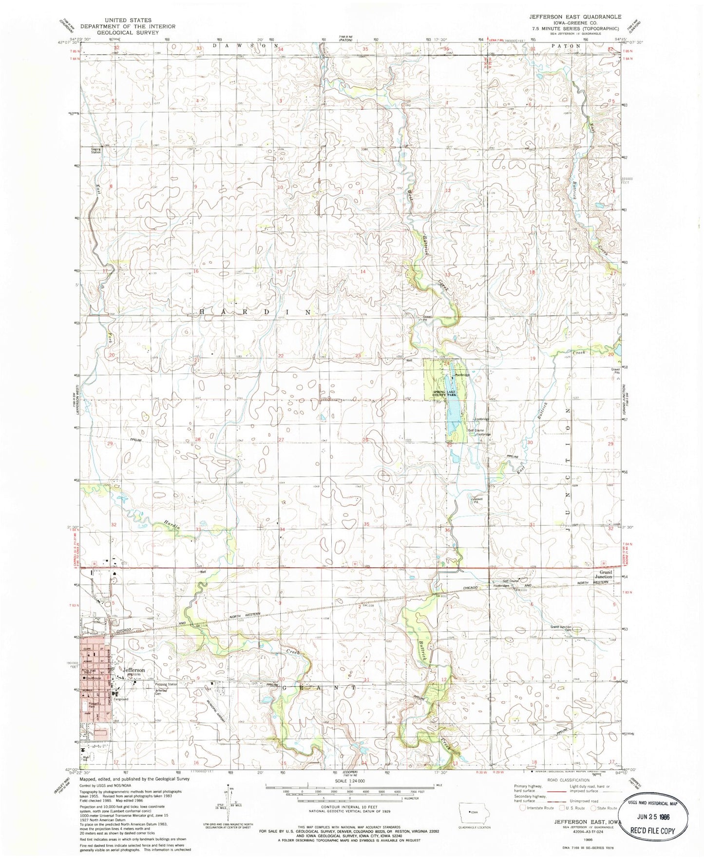 Classic USGS Jefferson East Iowa 7.5'x7.5' Topo Map Image