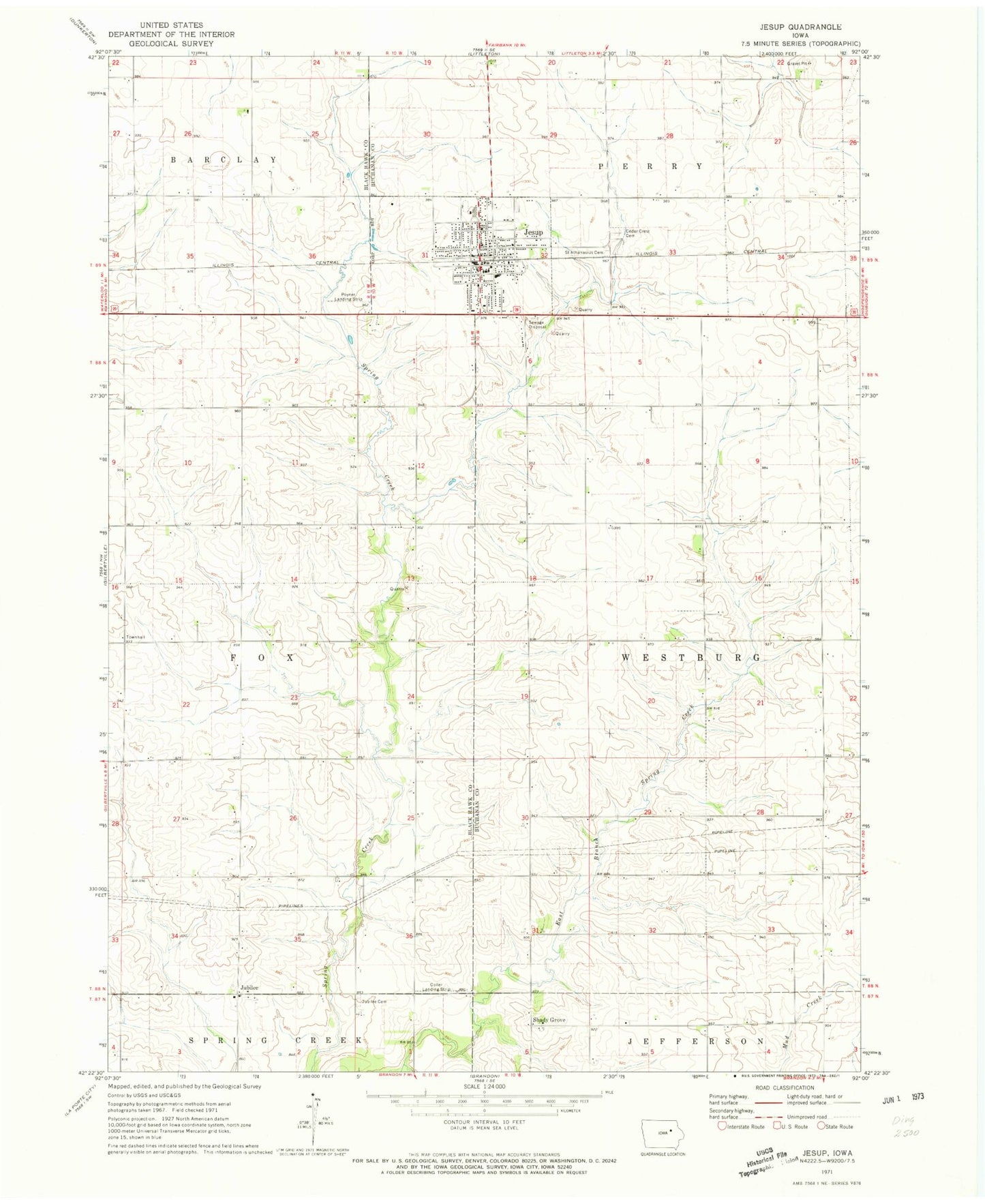 Classic USGS Jesup Iowa 7.5'x7.5' Topo Map Image