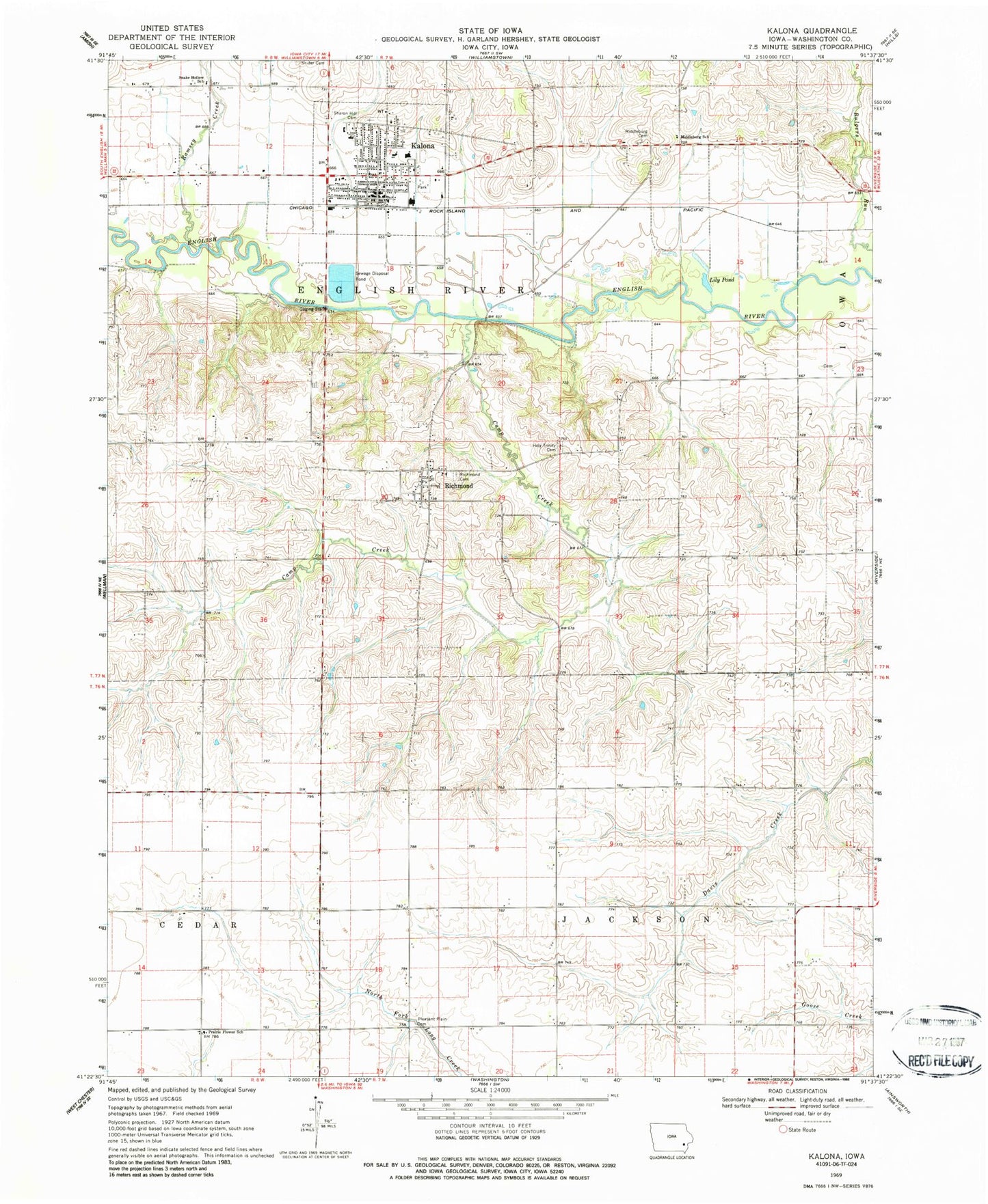 Classic USGS Kalona Iowa 7.5'x7.5' Topo Map Image