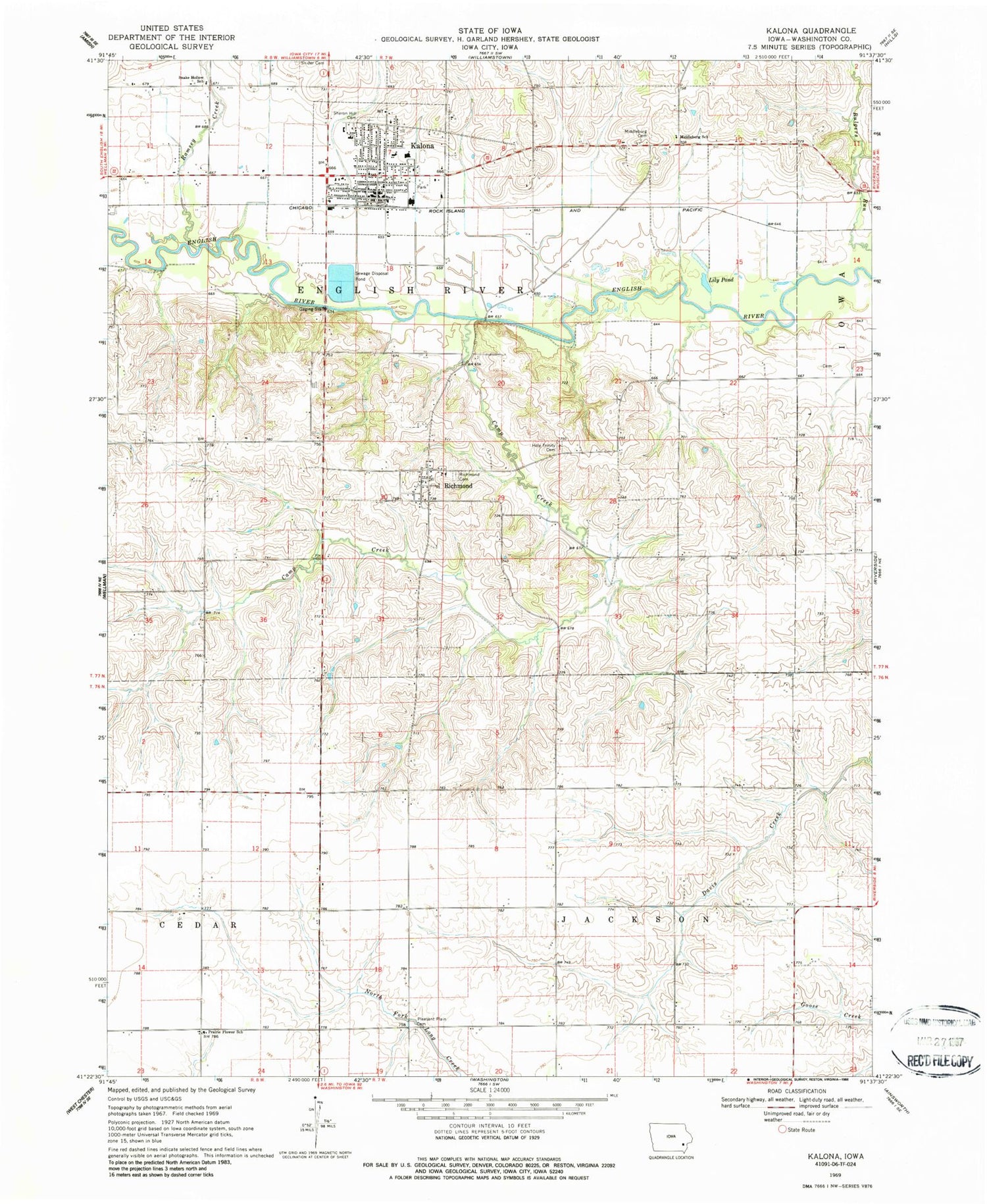 Classic USGS Kalona Iowa 7.5'x7.5' Topo Map Image