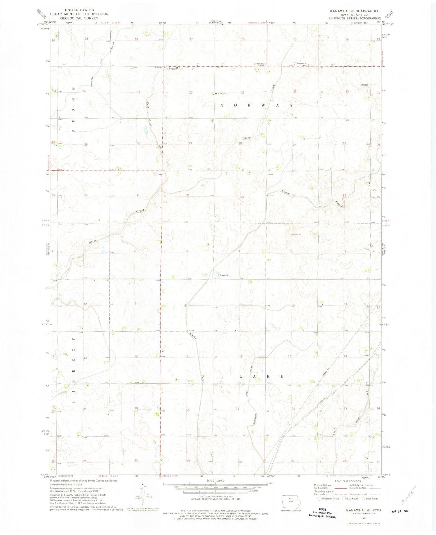 Classic USGS Kanawha SE Iowa 7.5'x7.5' Topo Map Image
