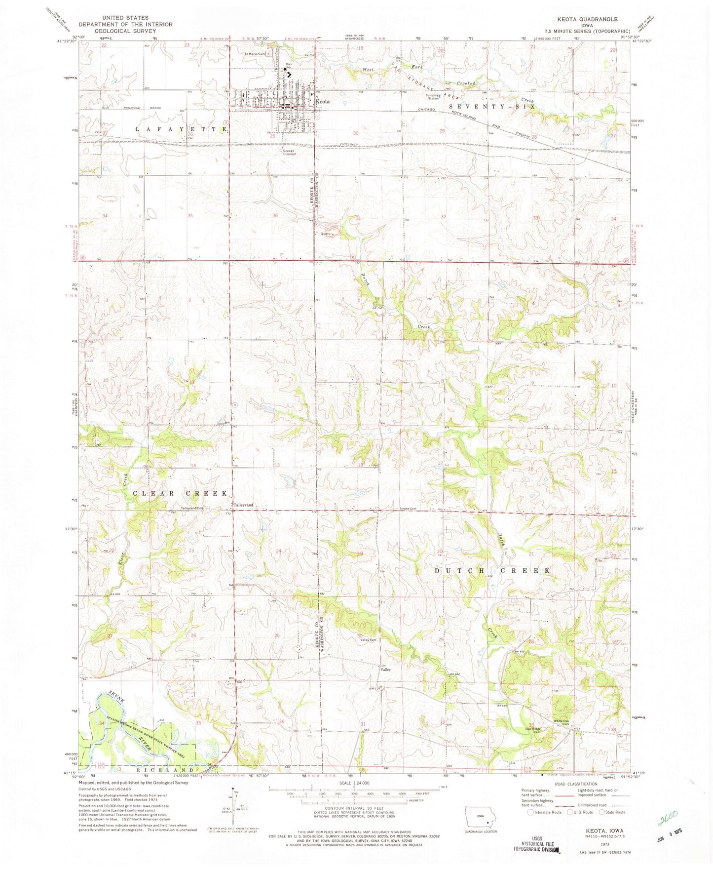 Classic USGS Keota Iowa 7.5'x7.5' Topo Map Image