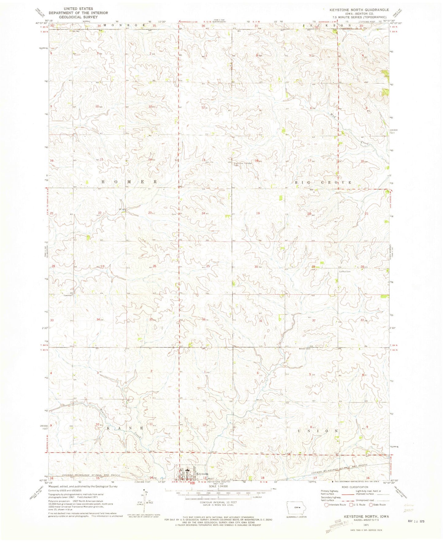 Classic USGS Keystone North Iowa 7.5'x7.5' Topo Map Image