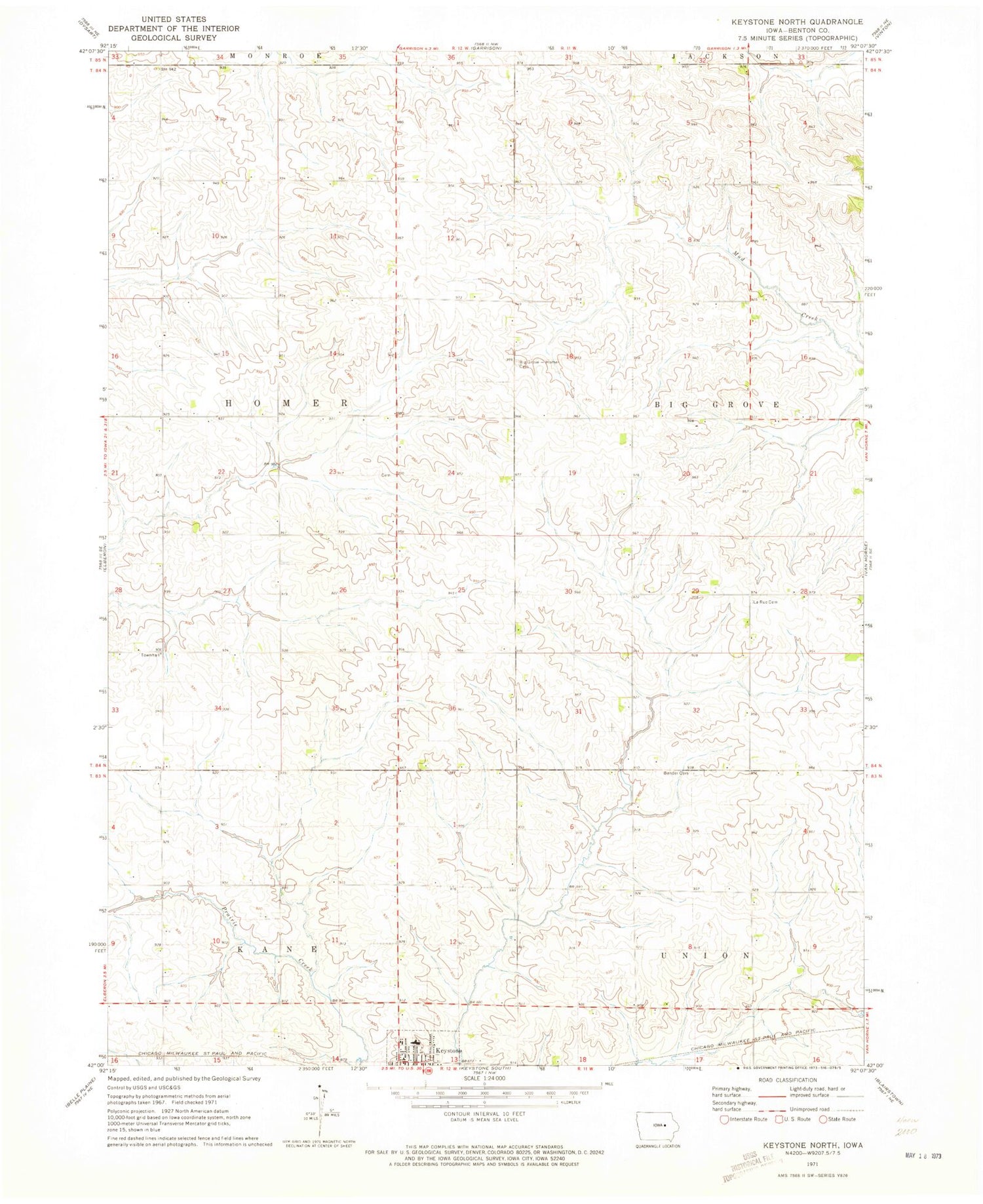 Classic USGS Keystone North Iowa 7.5'x7.5' Topo Map Image