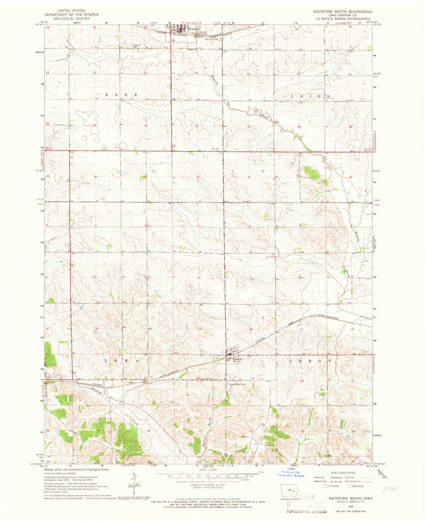 Classic USGS Keystone South Iowa 7.5'x7.5' Topo Map Image