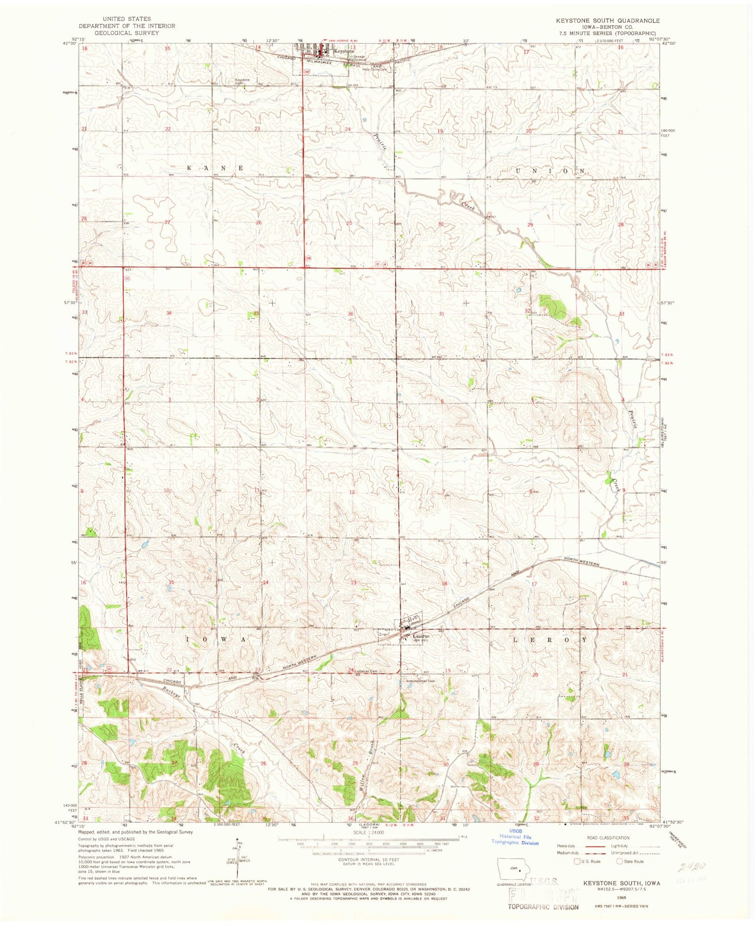 Classic USGS Keystone South Iowa 7.5'x7.5' Topo Map Image