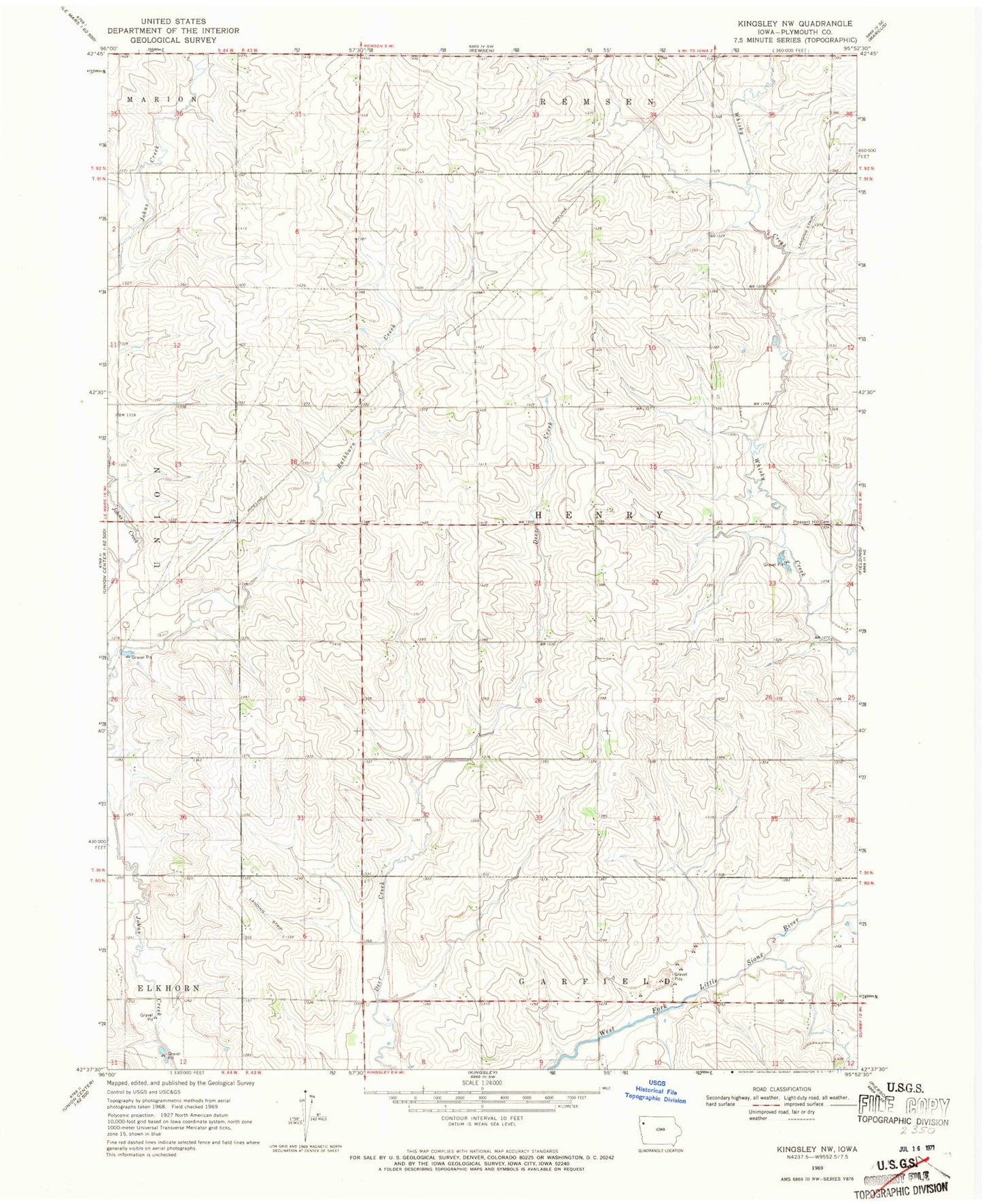 Classic USGS Kingsley NW Iowa 7.5'x7.5' Topo Map Image