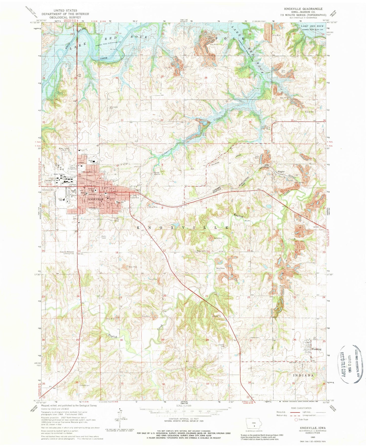 Classic USGS Knoxville Iowa 7.5'x7.5' Topo Map Image