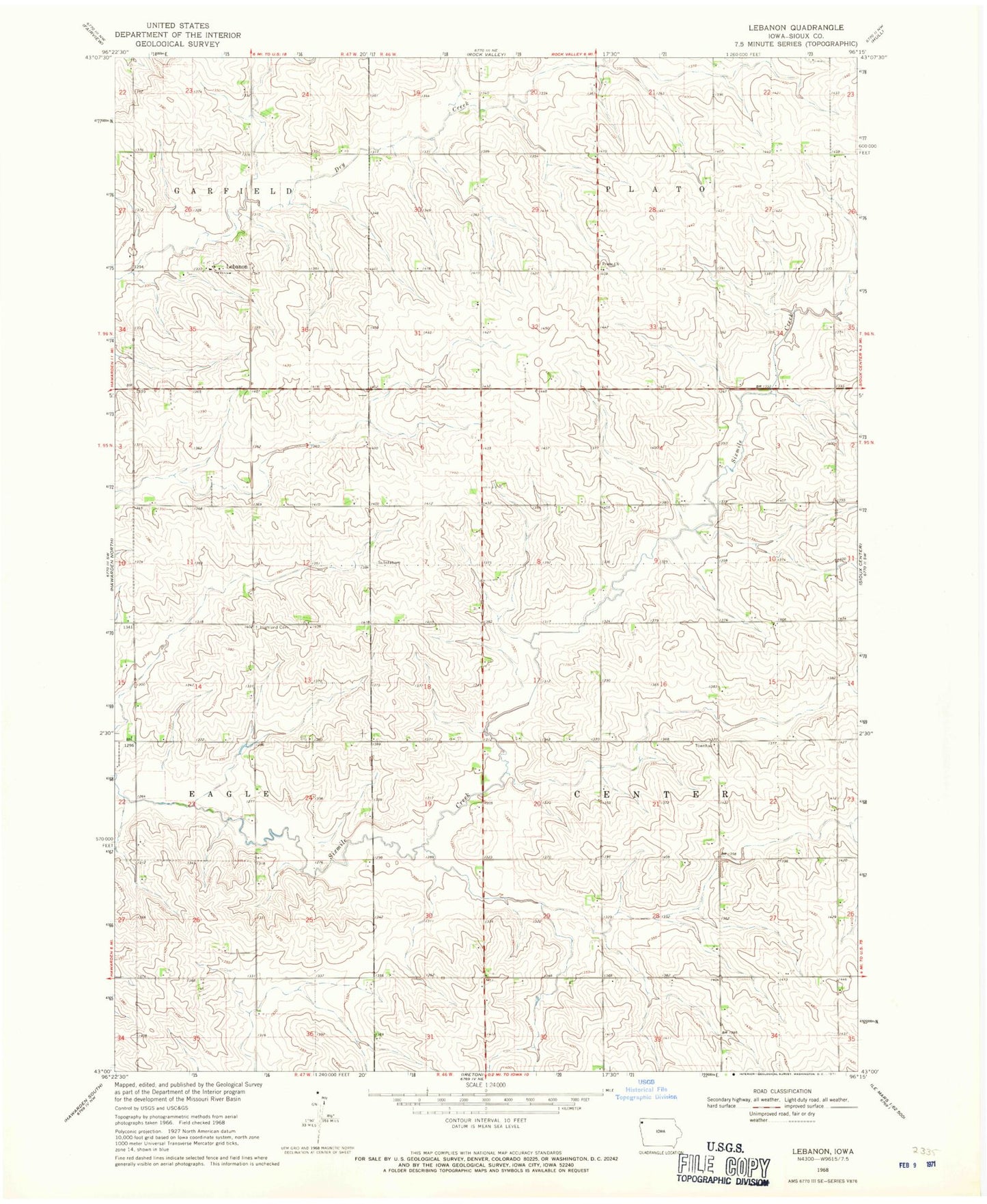 Classic USGS Lebanon Iowa 7.5'x7.5' Topo Map Image