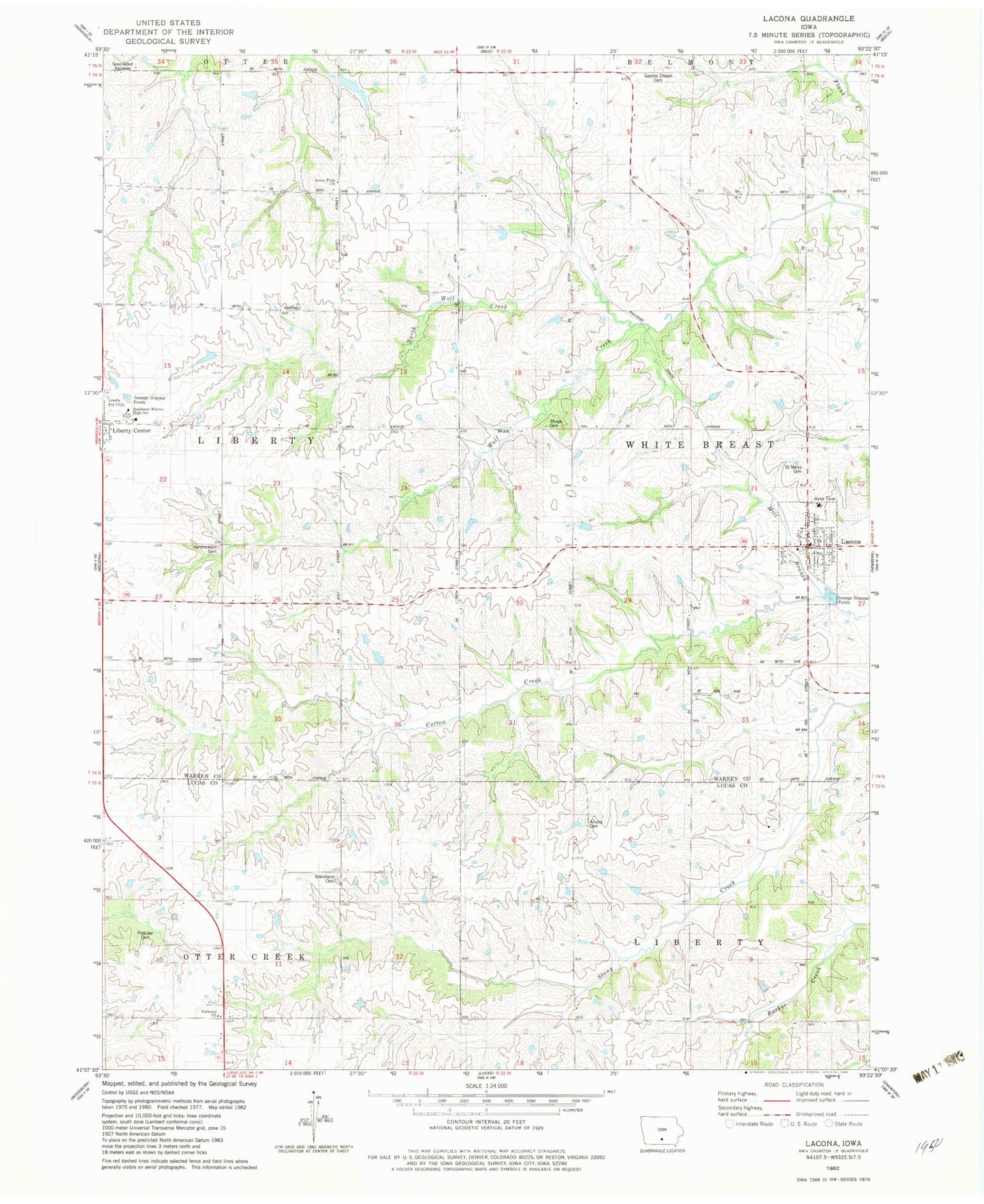 Classic USGS Lacona Iowa 7.5'x7.5' Topo Map Image