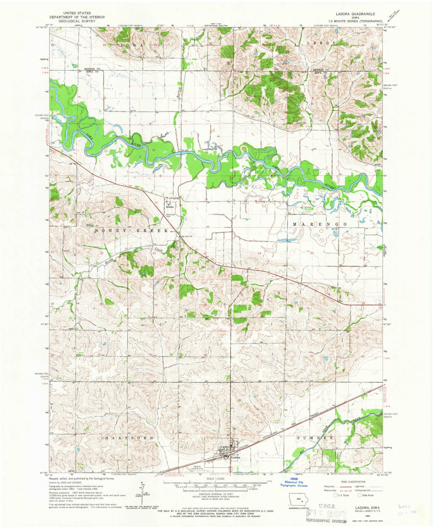 Classic USGS Ladora Iowa 7.5'x7.5' Topo Map Image