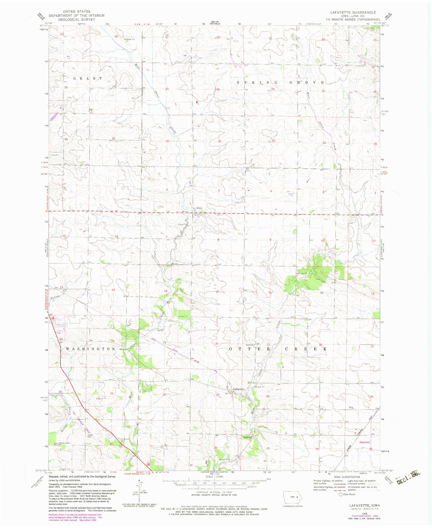 Classic USGS Lafayette Iowa 7.5'x7.5' Topo Map Image