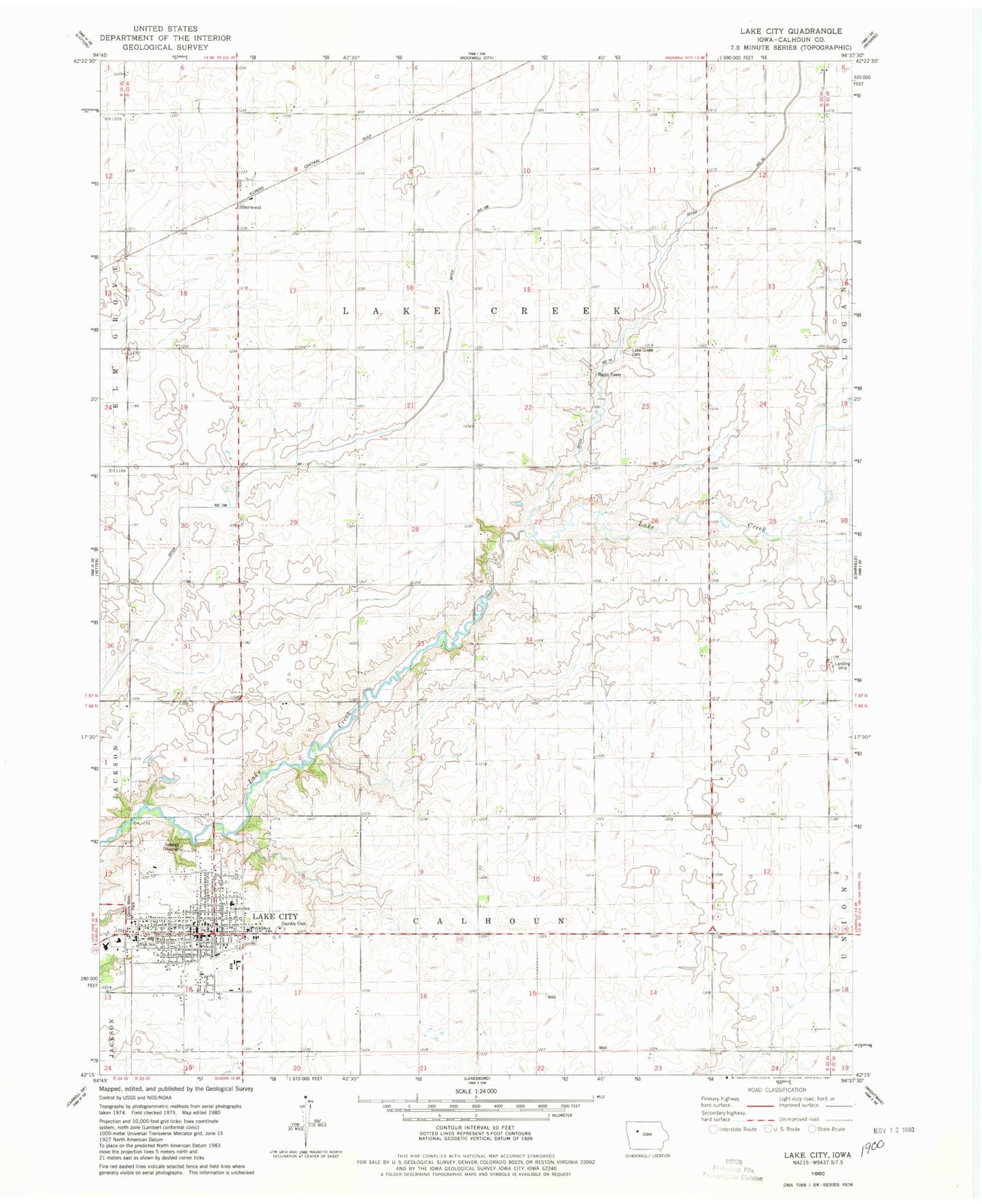 Classic USGS Lake City Iowa 7.5'x7.5' Topo Map Image