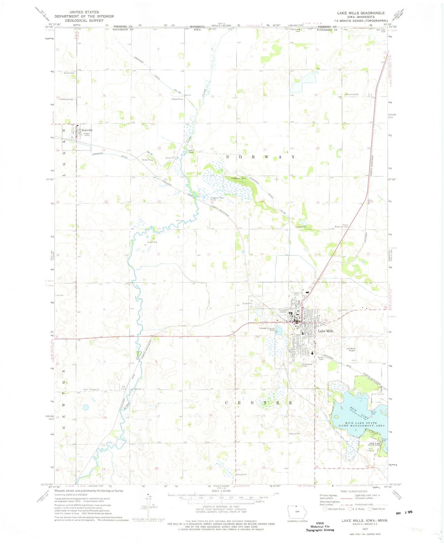 Classic USGS Lake Mills Iowa 7.5'x7.5' Topo Map Image