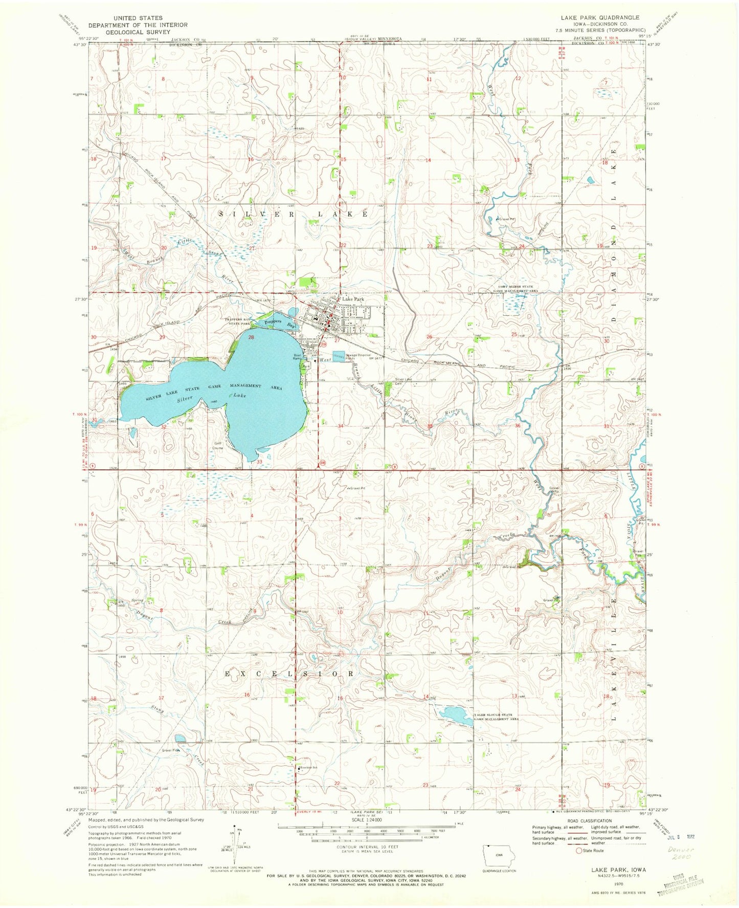 Classic USGS Lake Park Iowa 7.5'x7.5' Topo Map Image