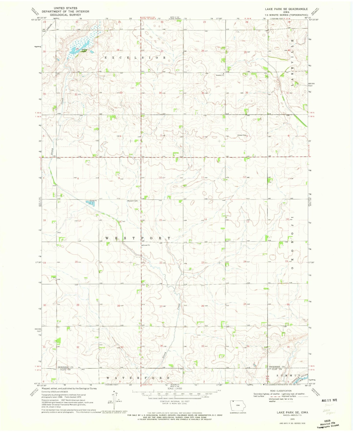 Classic USGS Lake Park SE Iowa 7.5'x7.5' Topo Map Image