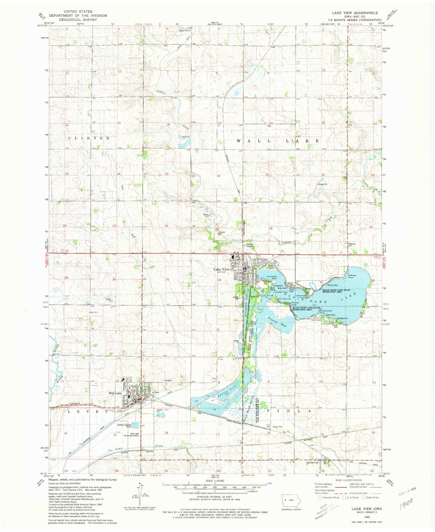 Classic USGS Lake View Iowa 7.5'x7.5' Topo Map Image