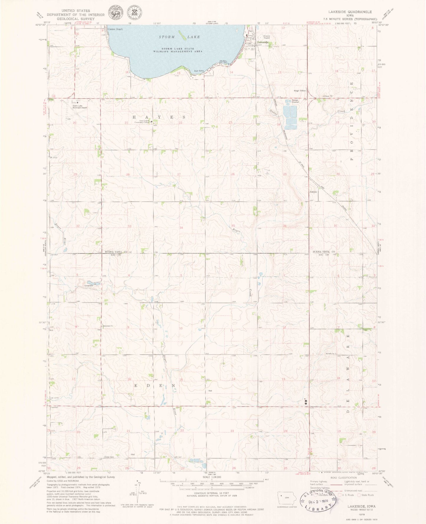 Classic USGS Lakeside Iowa 7.5'x7.5' Topo Map Image