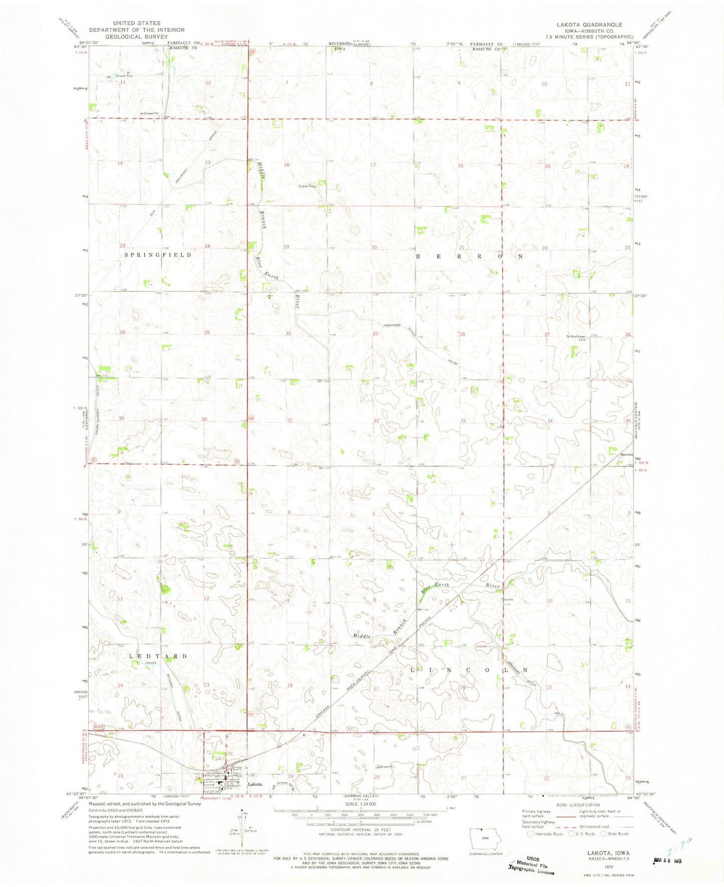 Classic USGS Lakota Iowa 7.5'x7.5' Topo Map Image