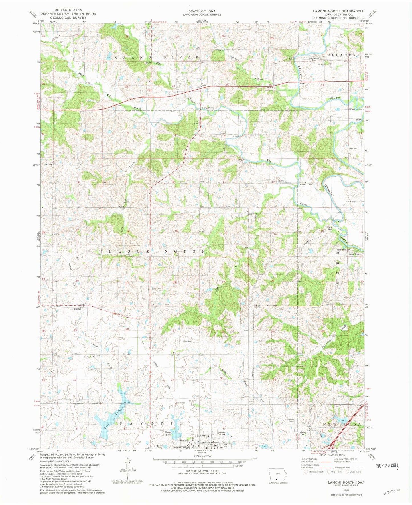Classic USGS Lamoni North Iowa 7.5'x7.5' Topo Map Image
