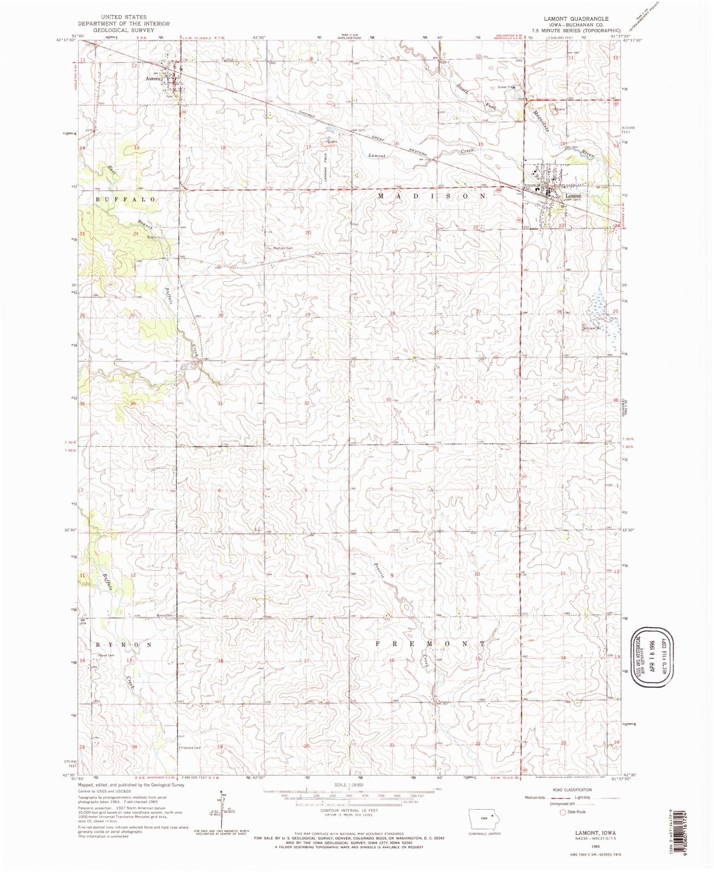 Classic USGS Lamont Iowa 7.5'x7.5' Topo Map Image