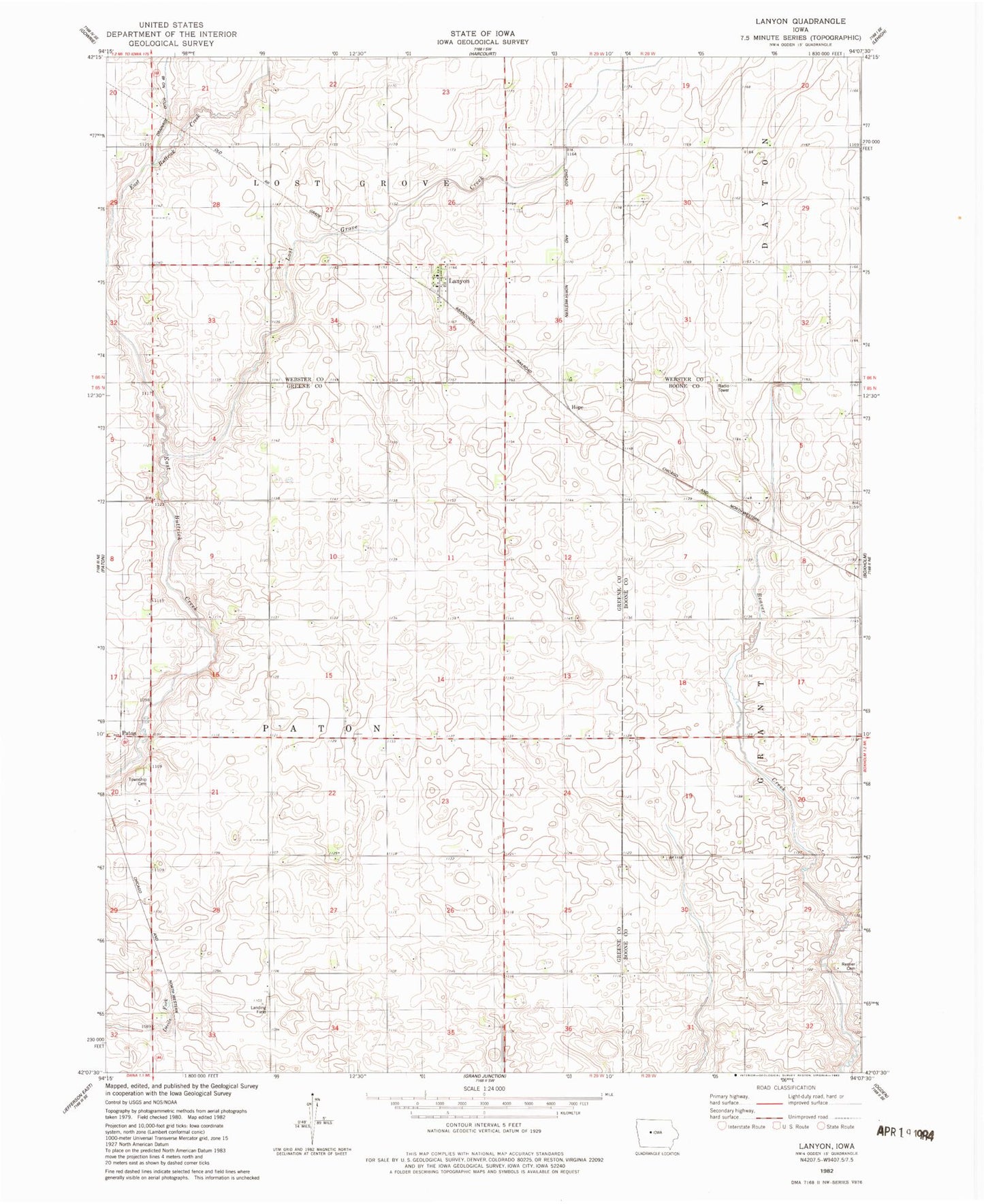 Classic USGS Lanyon Iowa 7.5'x7.5' Topo Map Image