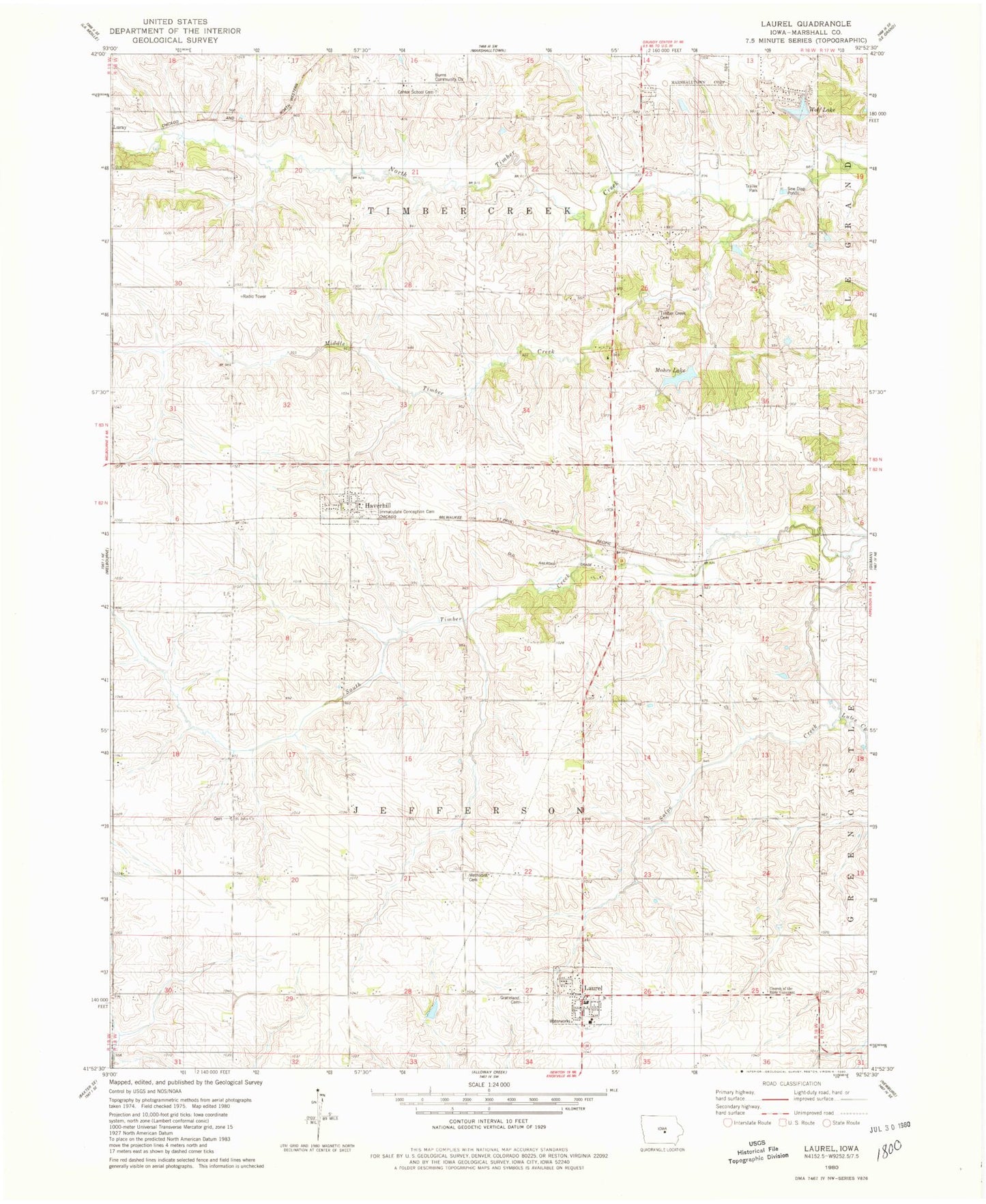 Classic USGS Laurel Iowa 7.5'x7.5' Topo Map Image