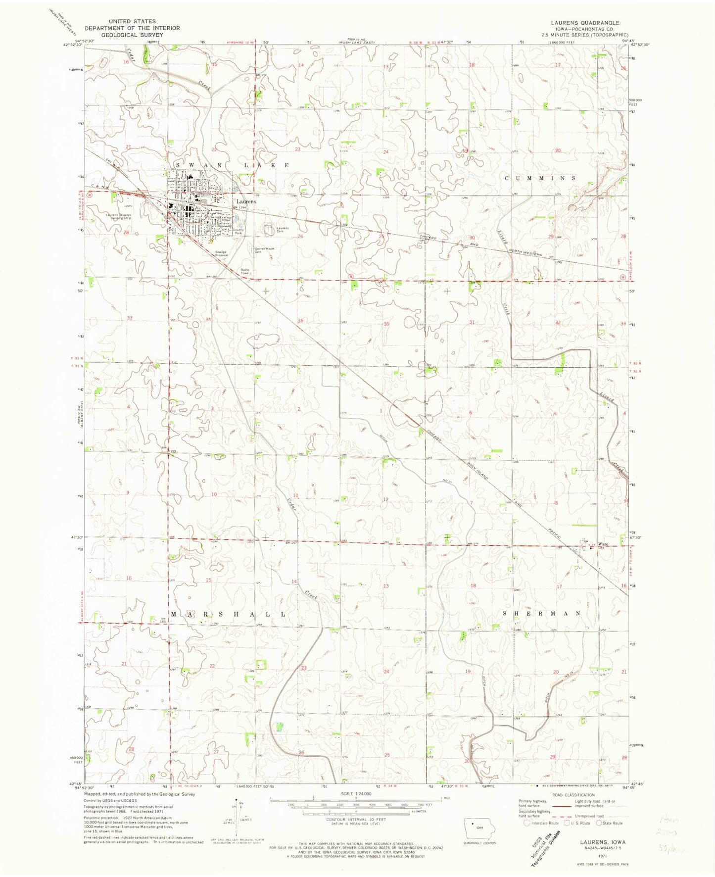 Classic USGS Laurens Iowa 7.5'x7.5' Topo Map Image