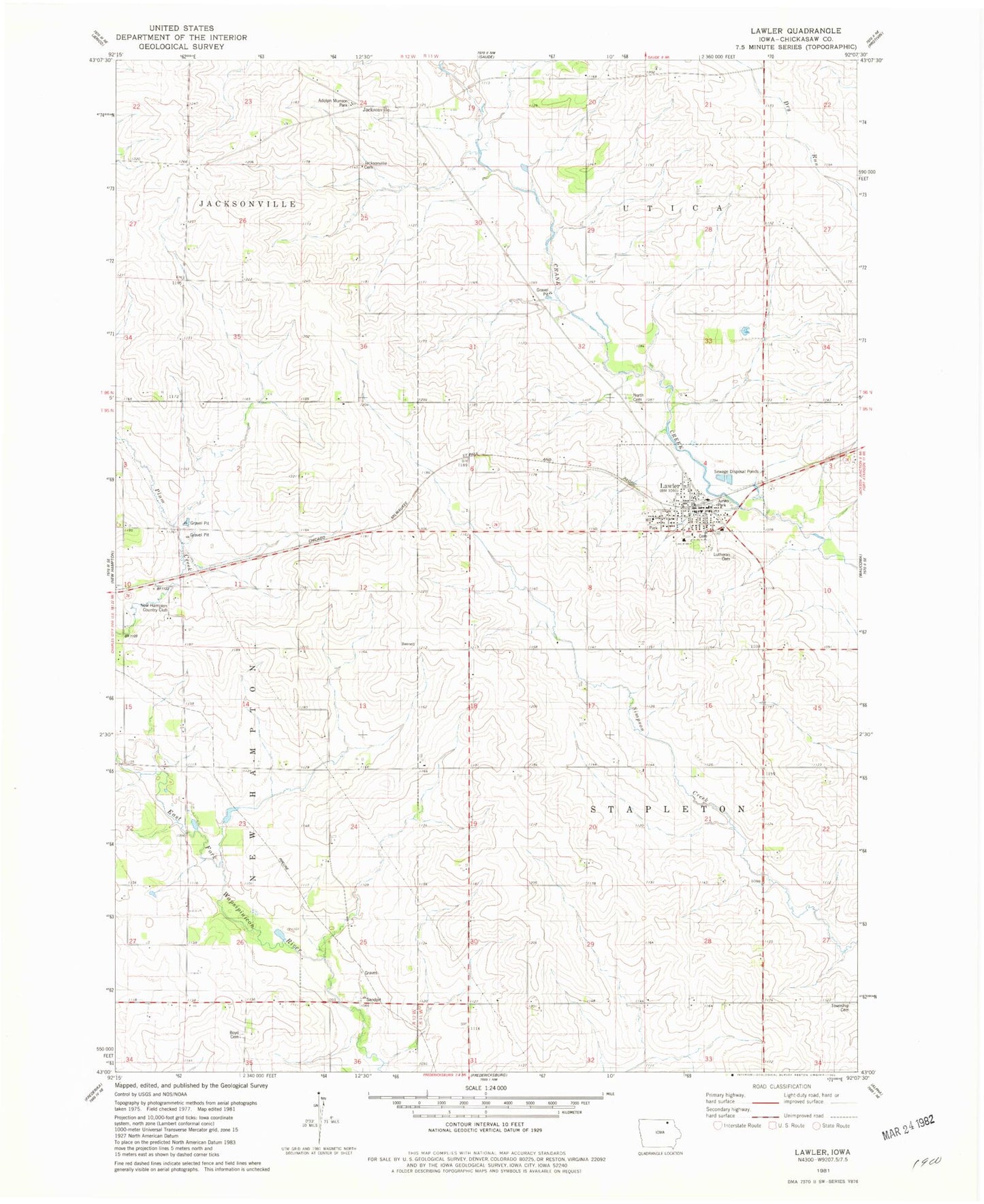 Classic USGS Lawler Iowa 7.5'x7.5' Topo Map Image