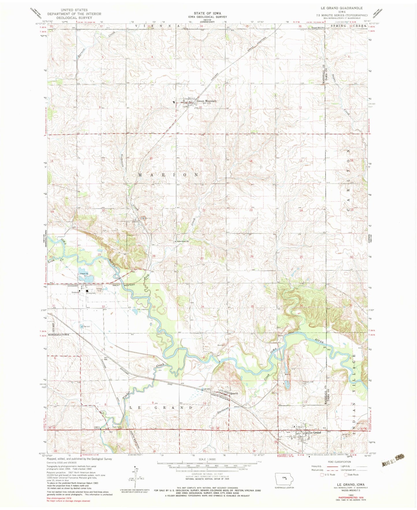 Classic USGS Le Grand Iowa 7.5'x7.5' Topo Map Image