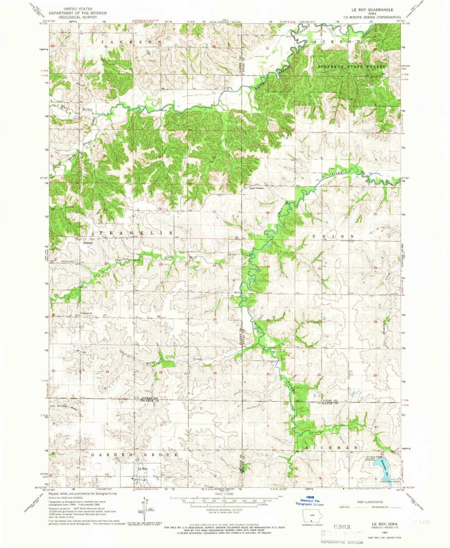 Classic USGS Le Roy Iowa 7.5'x7.5' Topo Map Image