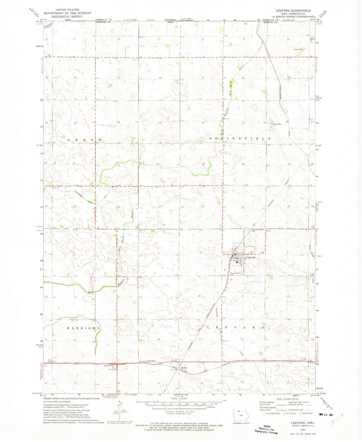 Classic USGS Ledyard Iowa 7.5'x7.5' Topo Map Image
