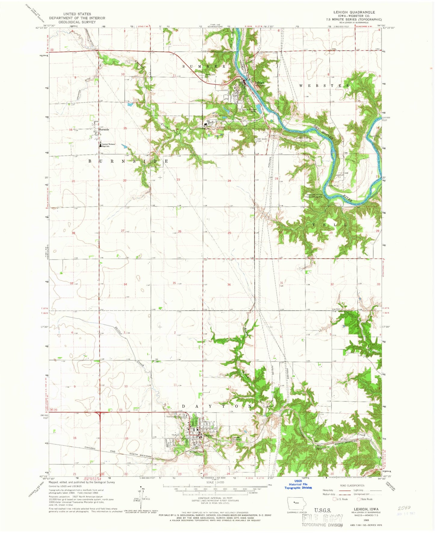 Classic USGS Lehigh Iowa 7.5'x7.5' Topo Map Image