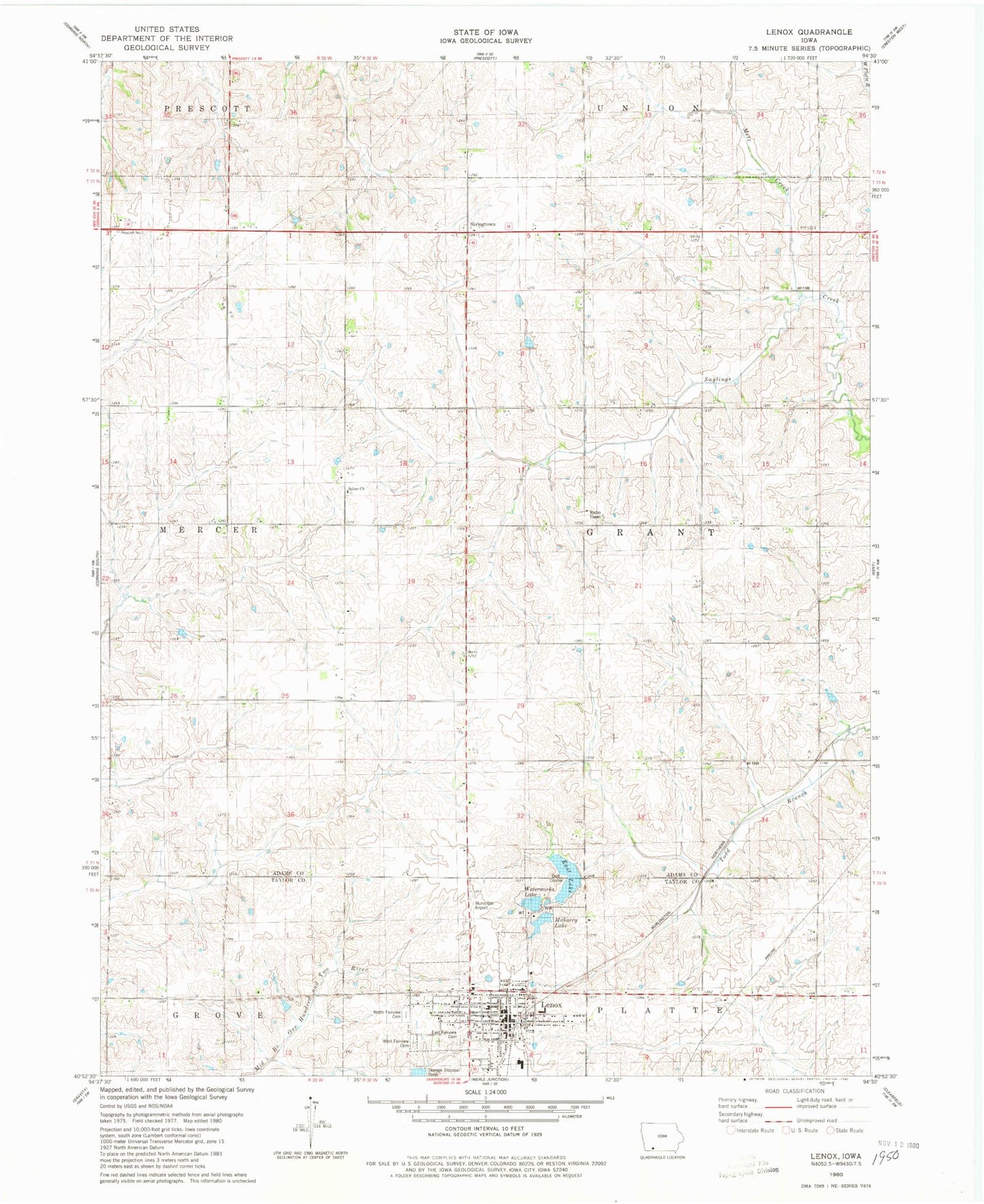 Classic USGS Lenox Iowa 7.5'x7.5' Topo Map Image