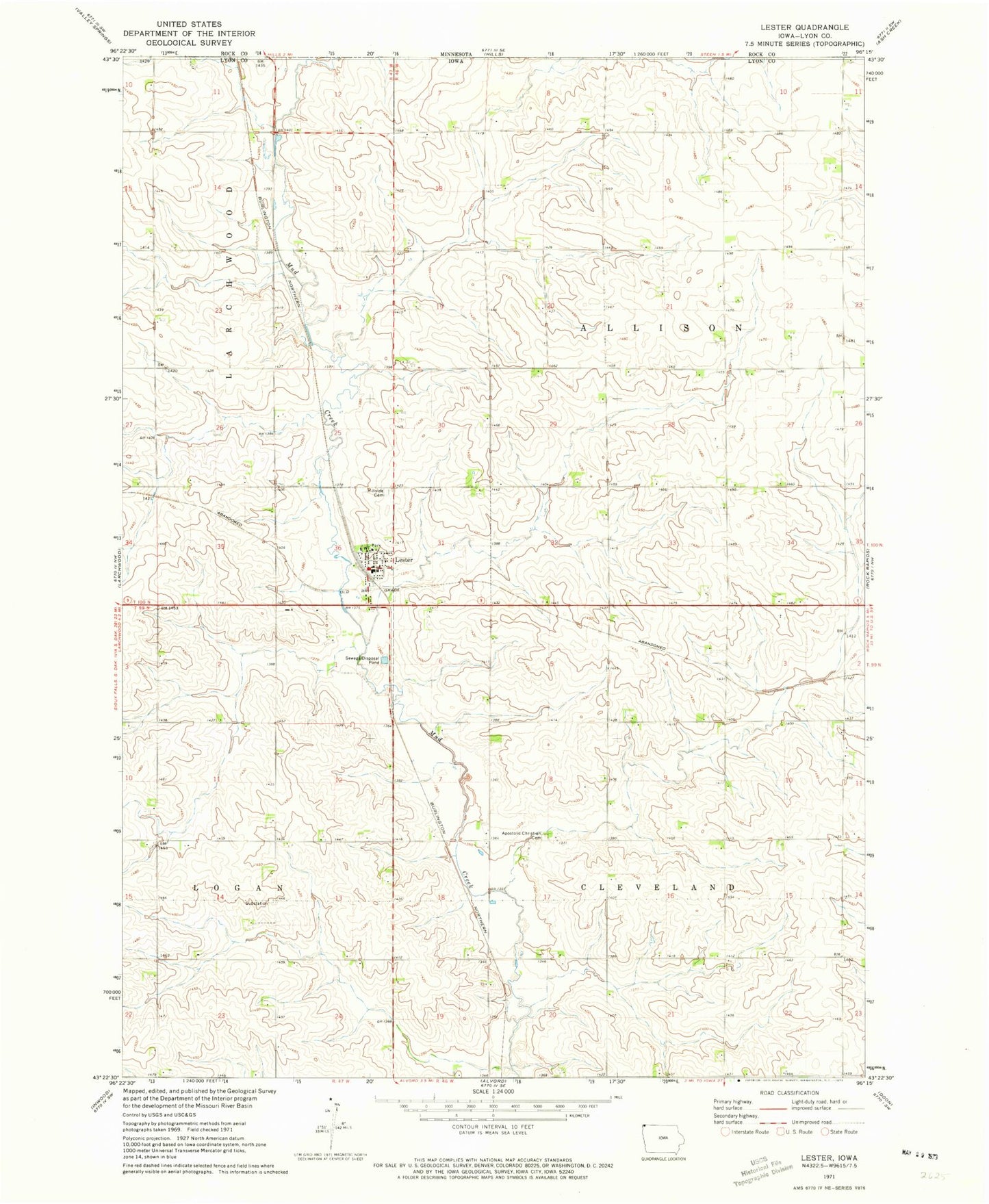Classic USGS Lester Iowa 7.5'x7.5' Topo Map Image
