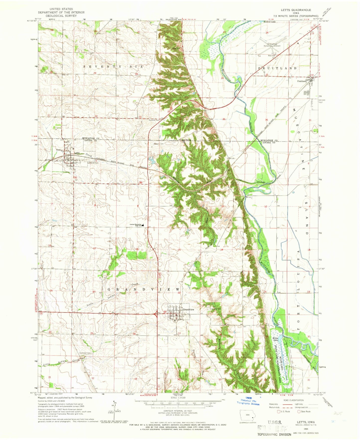 Classic USGS Letts Iowa 7.5'x7.5' Topo Map Image