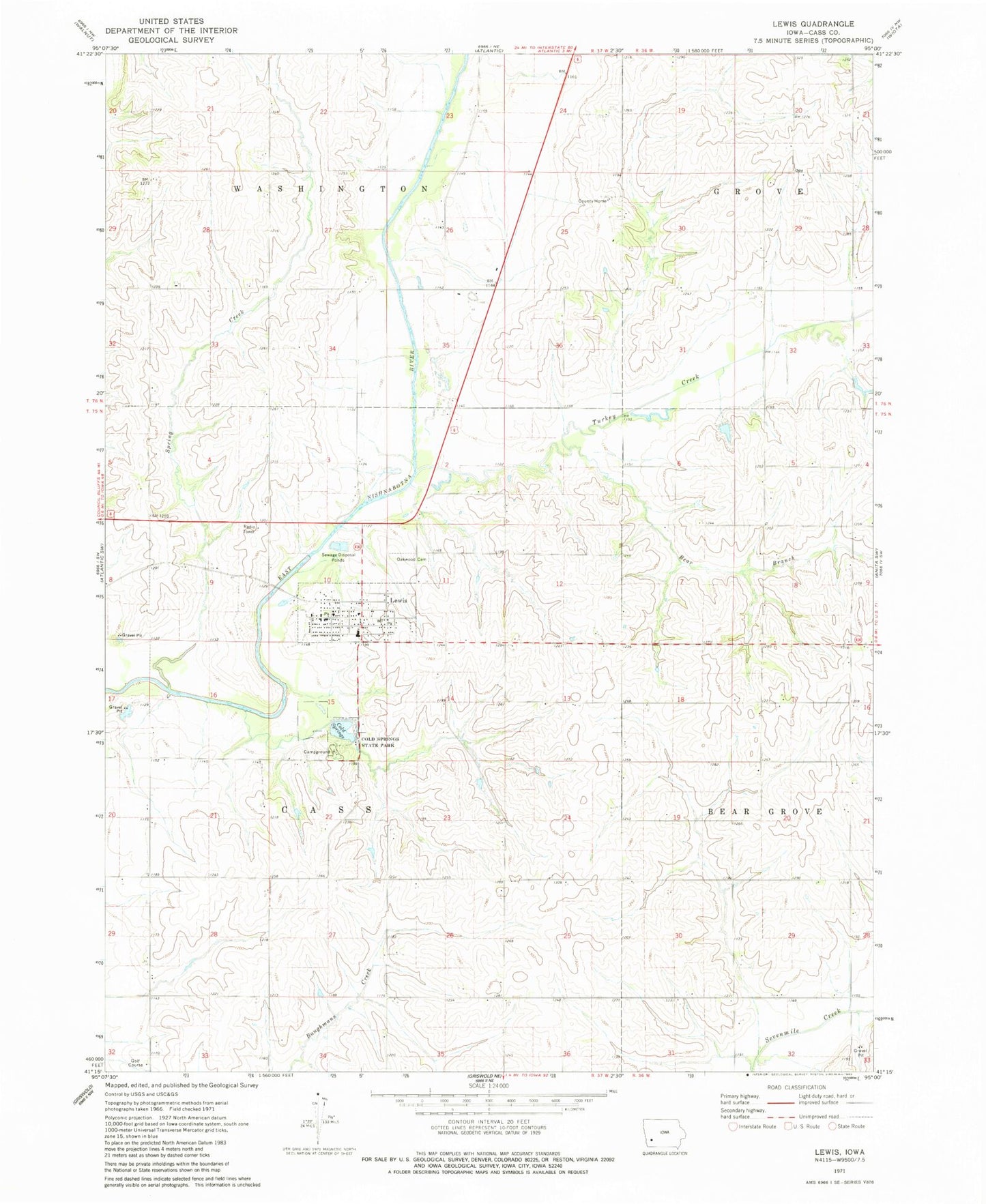 Classic USGS Lewis Iowa 7.5'x7.5' Topo Map Image