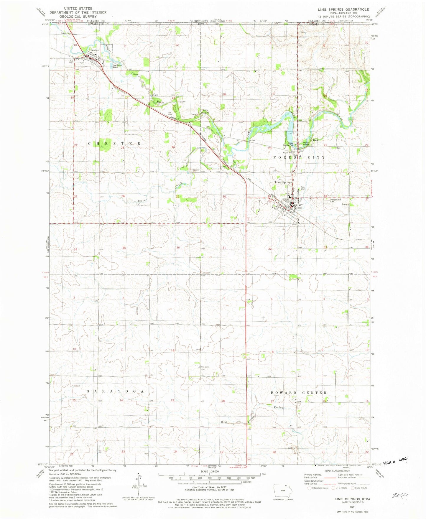 Classic USGS Lime Springs Iowa 7.5'x7.5' Topo Map Image