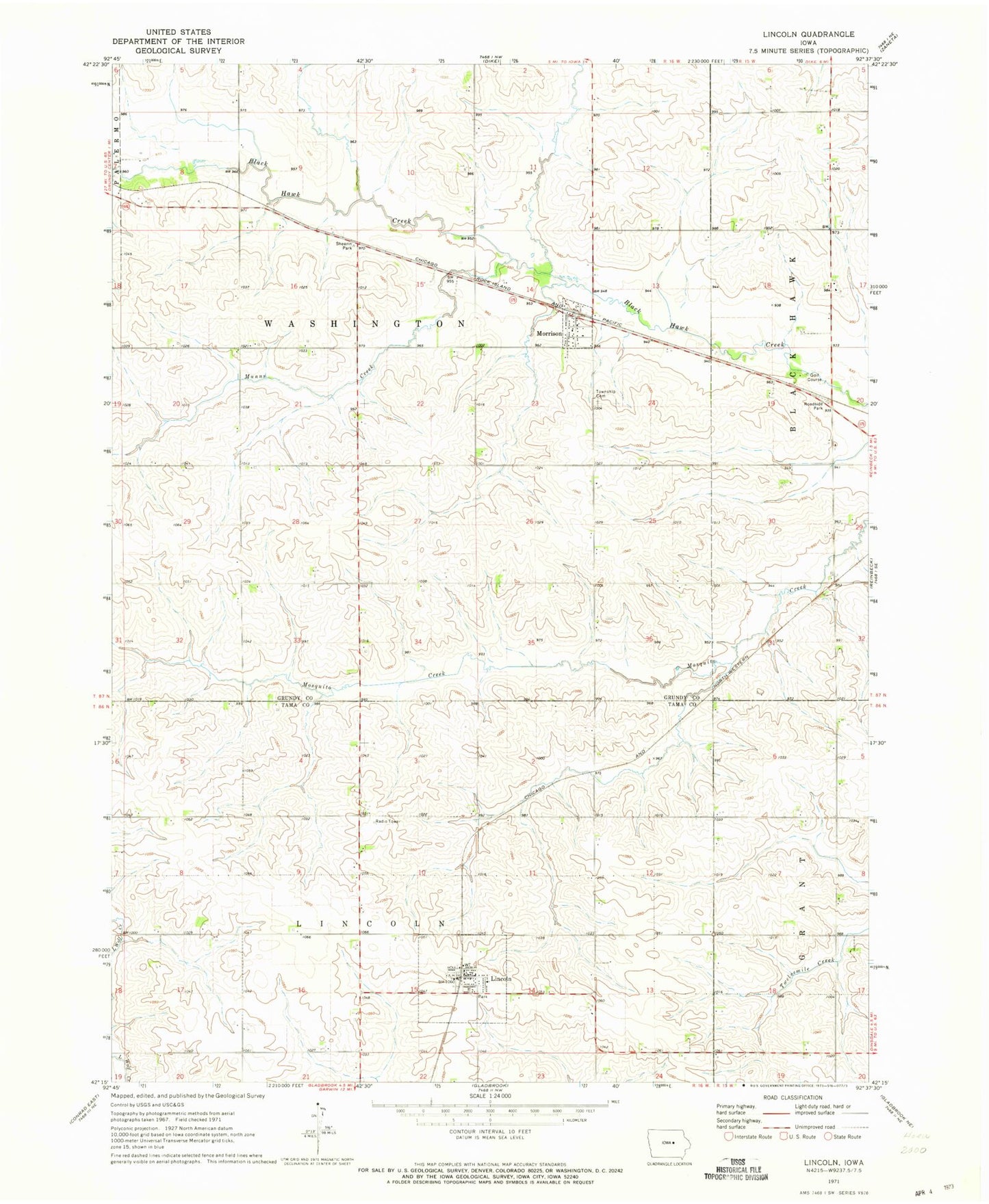 Classic USGS Lincoln Iowa 7.5'x7.5' Topo Map Image