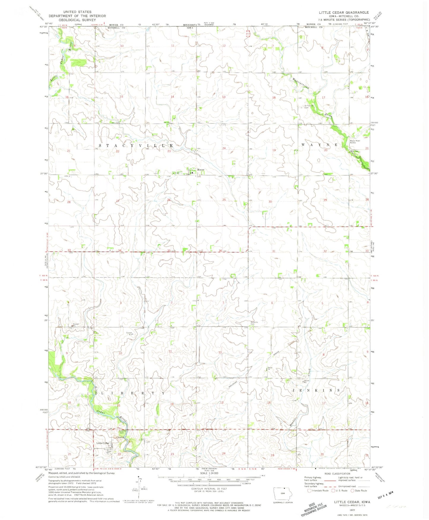 Classic USGS Little Cedar Iowa 7.5'x7.5' Topo Map Image