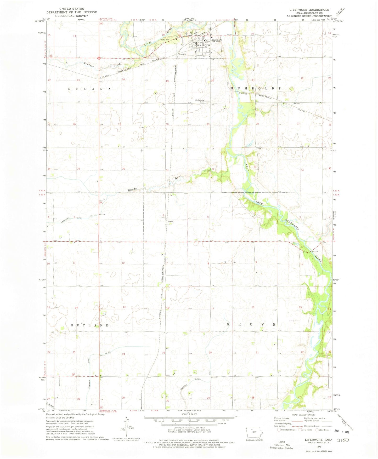Classic USGS Livermore Iowa 7.5'x7.5' Topo Map Image