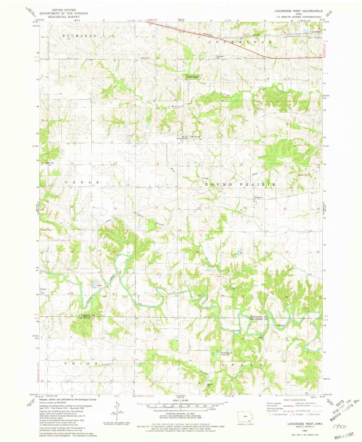 Classic USGS Lockridge West Iowa 7.5'x7.5' Topo Map Image