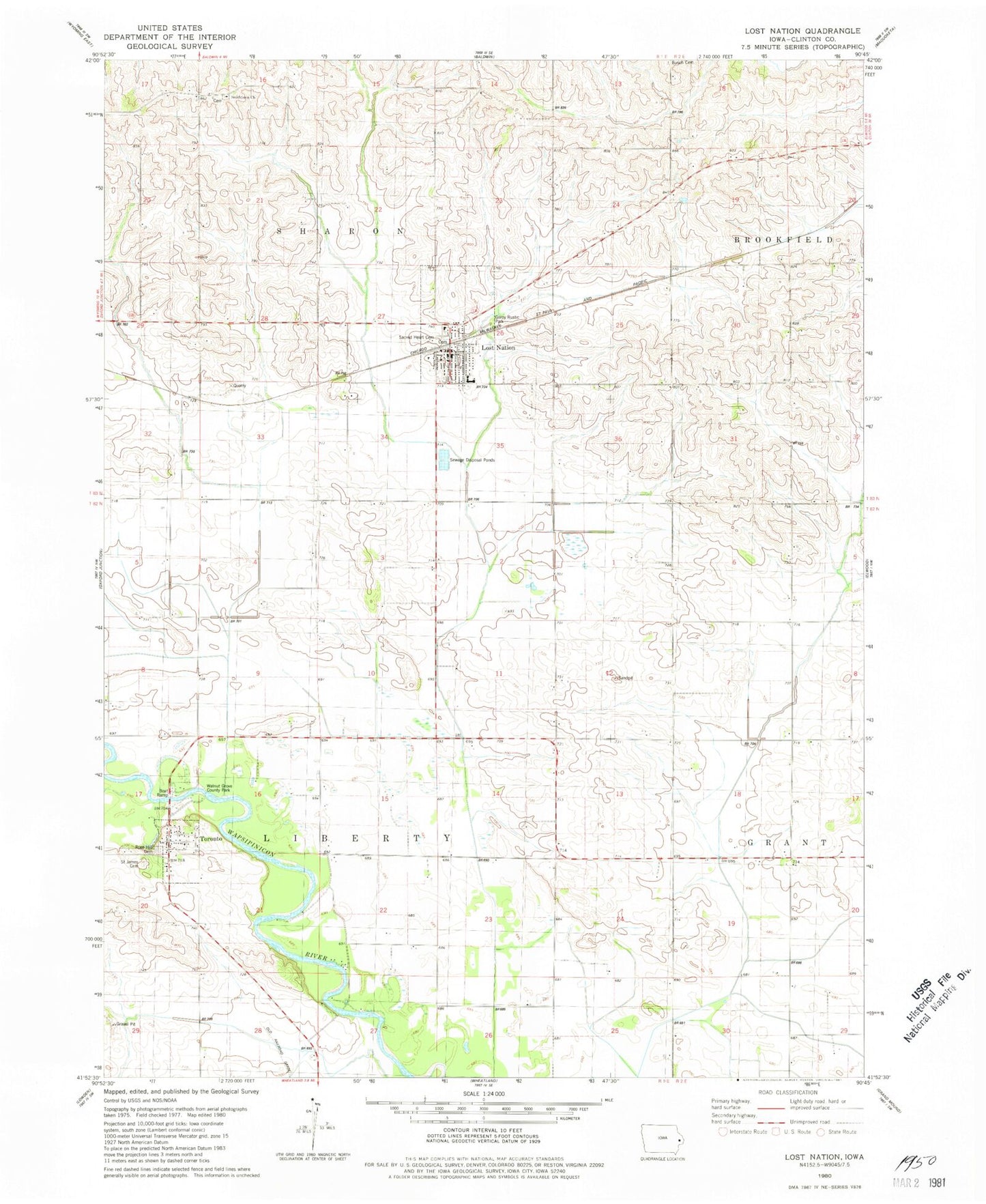 Classic USGS Lost Nation Iowa 7.5'x7.5' Topo Map Image